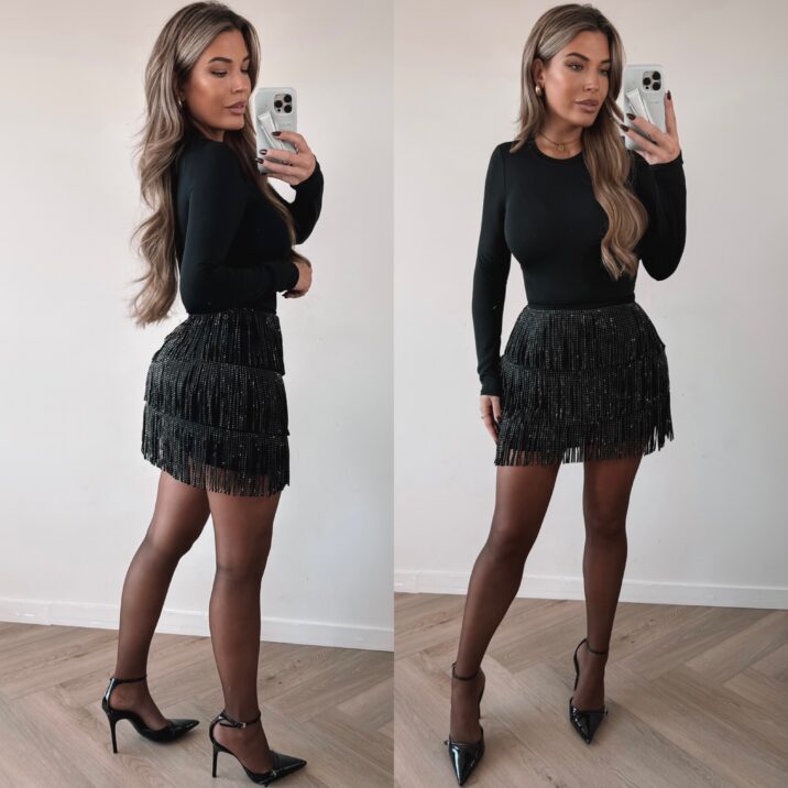Glitter Suede Fringe skirt - Black
