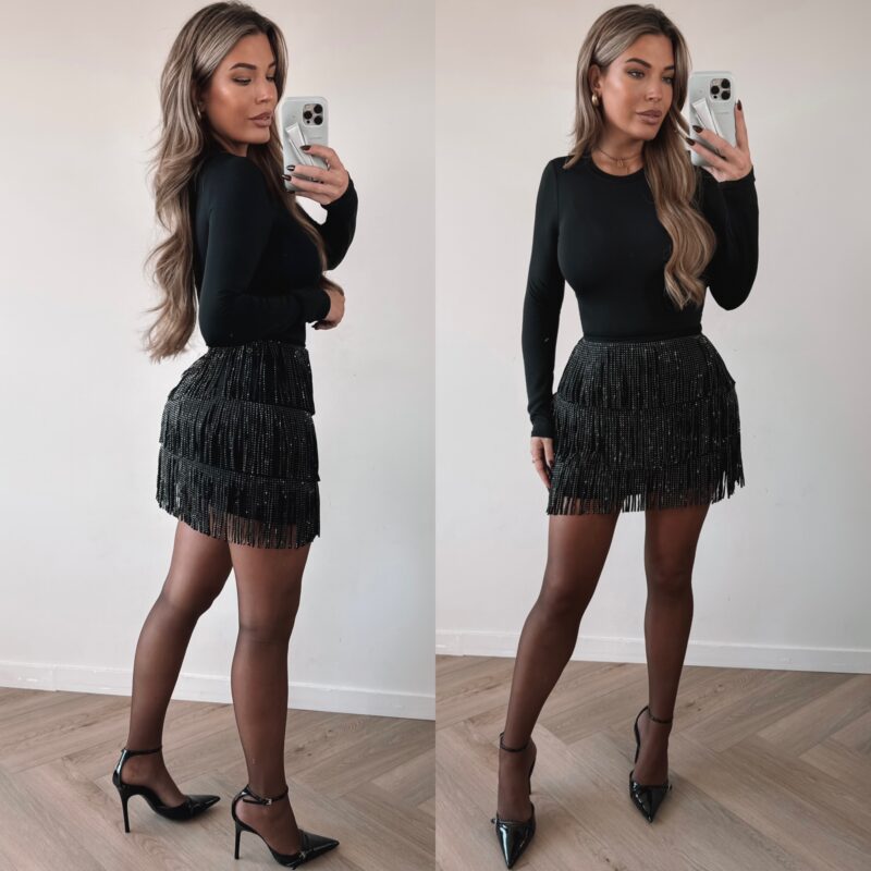 Glitter Suede Fringe skirt - Black