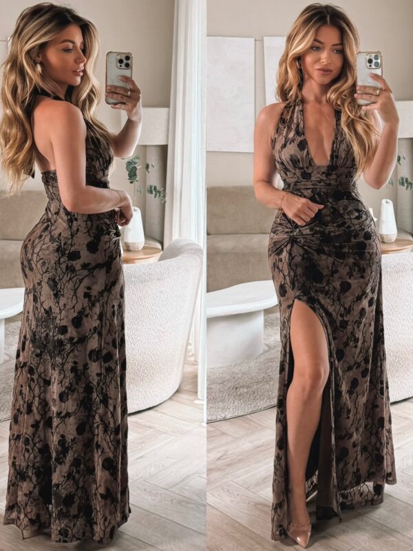 Velvet Flower Split Dress - Brown