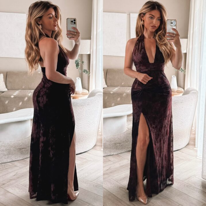 Velvet Flower Split Dress - Bordo