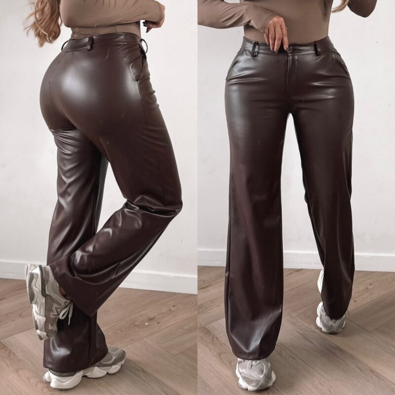 Vegan leather flair pants - Choco