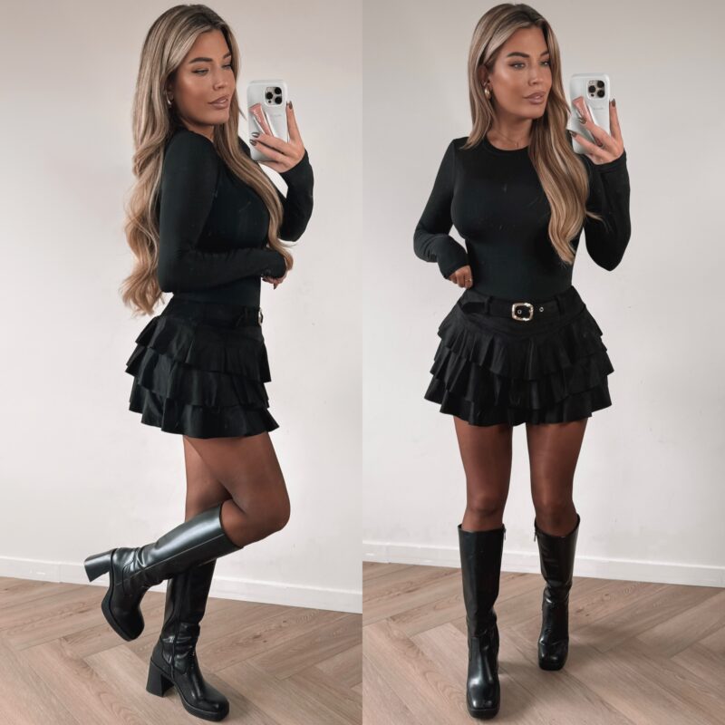Suede ruffle skort - Black