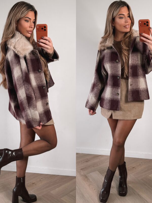 Checked Fur jacket  - Aubergine