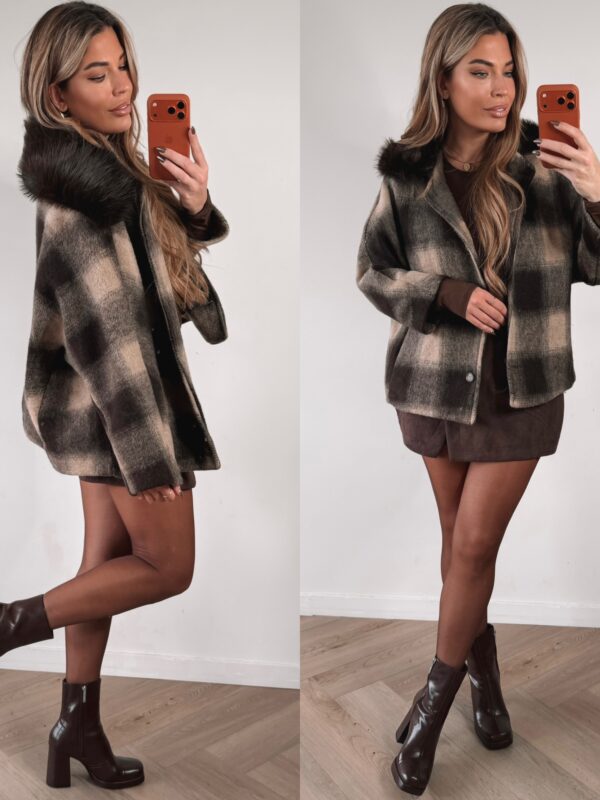 Checked Fur jacket  - Choco