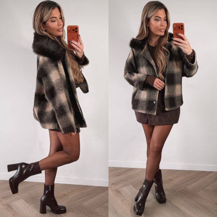 Checked Fur jacket  - Choco