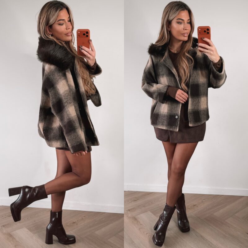 Checked Fur jacket  - Choco