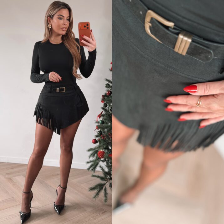 Suede Franje overlay skort  - Black