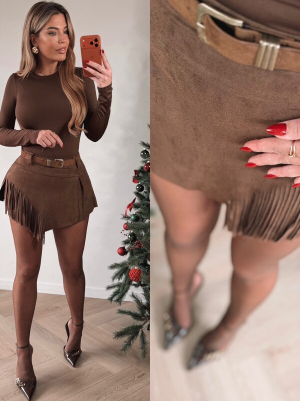 Suede Franje overlay skort  - Choco