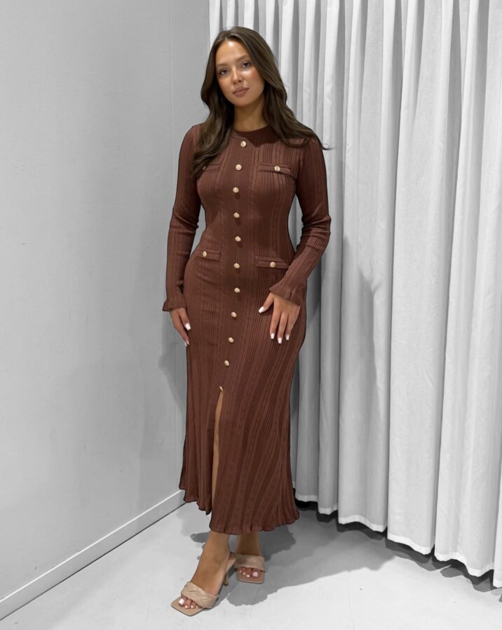 Ribbed Button Dress - Brown