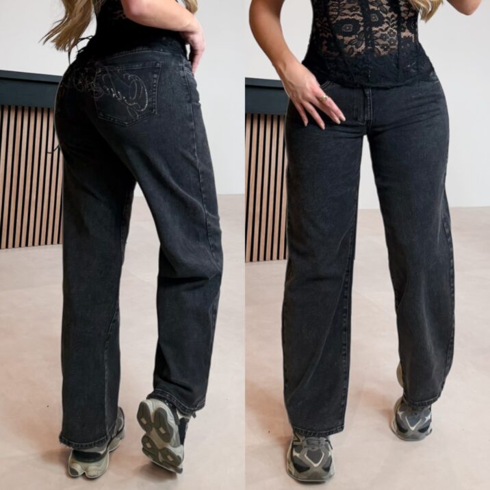 Barrel jeans back rhinestones - Black