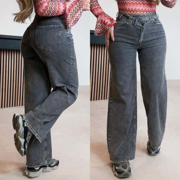 Asymmetric zip wide leg jeans - Grey