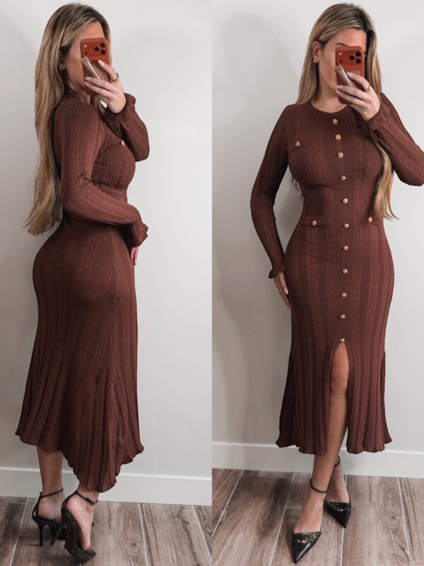 Ribbed Button Dress - Brown
