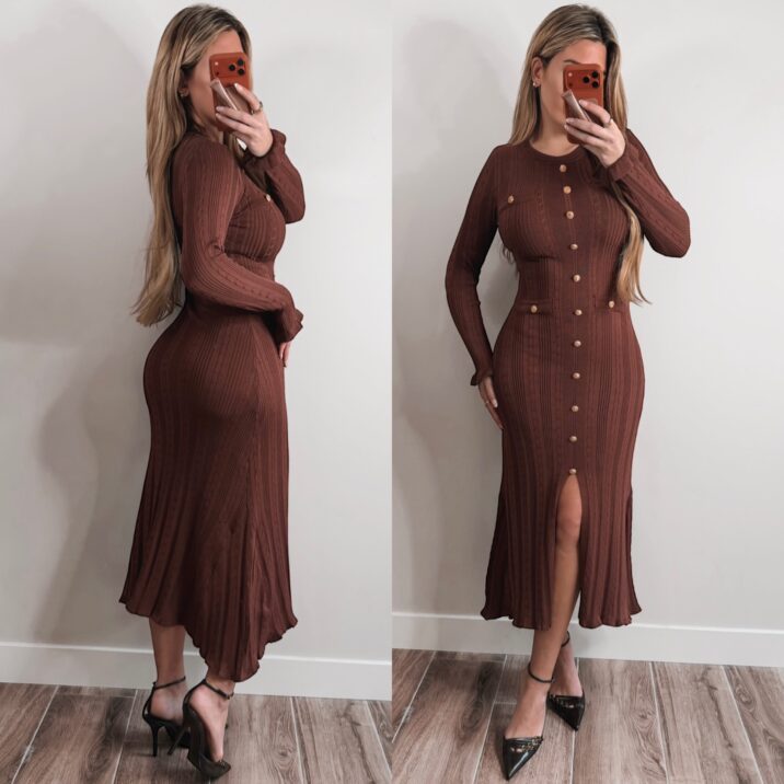 Ribbed Button Dress - Brown