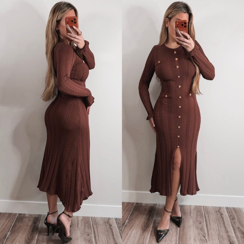 Ribbed Button Dress - Brown