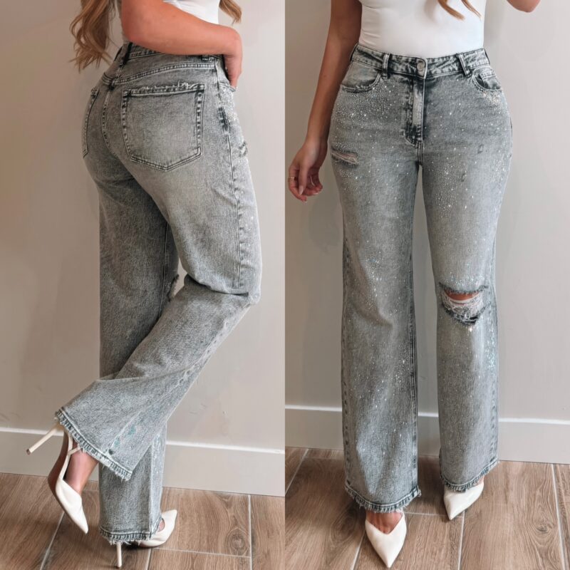 Rhinestones wide leg jeans - Grey
