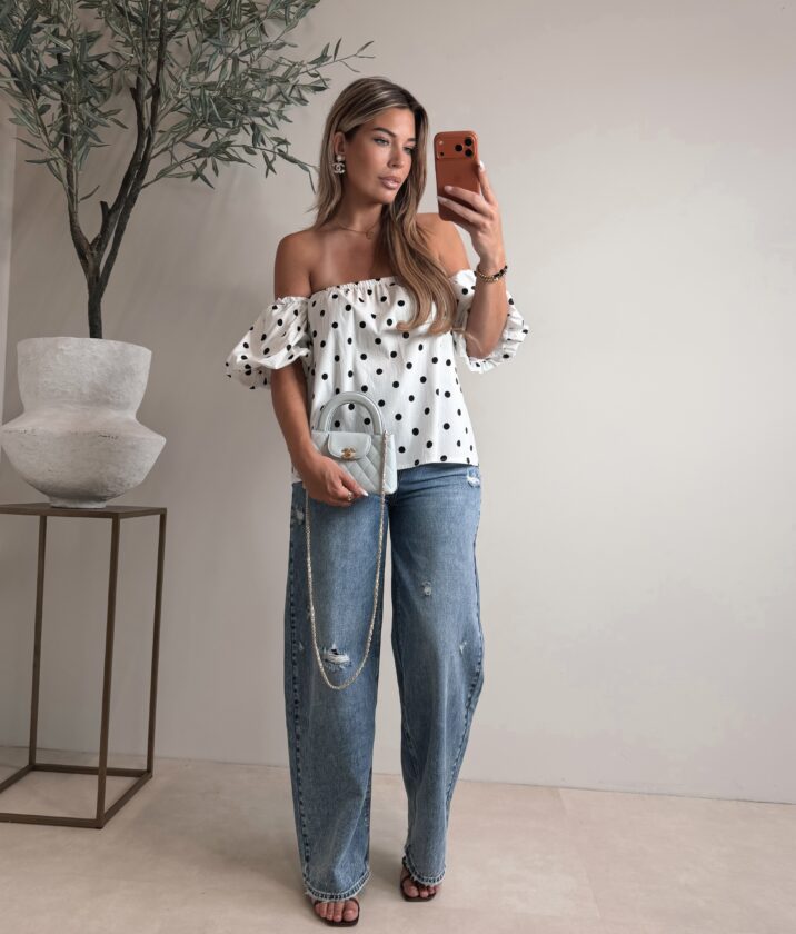 Polkadot offshoulder top - Wit