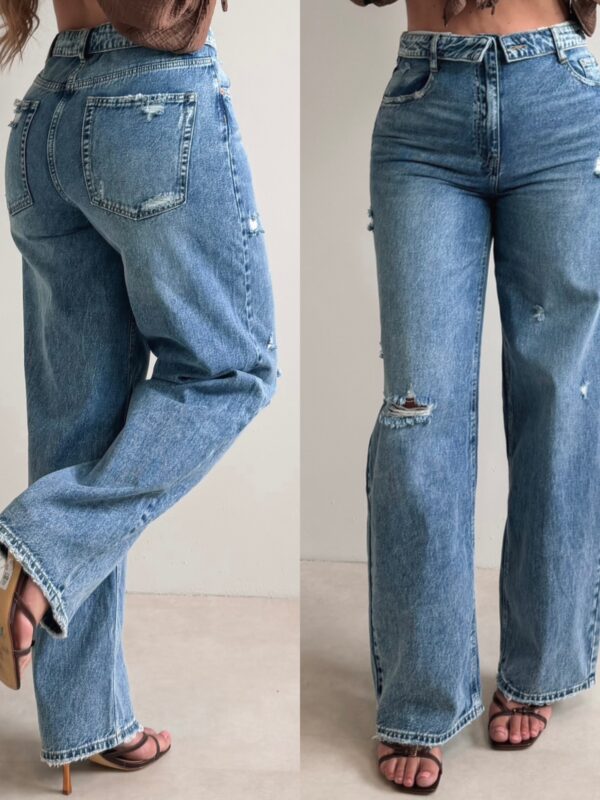 Folded waist wide leg jeans - Blue
