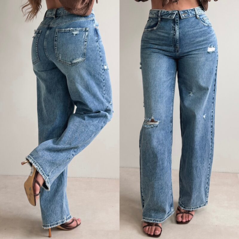 Folded waist wide leg jeans - Blue