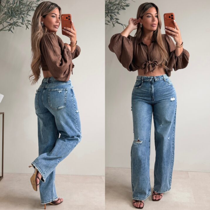 Folded waist wide leg jeans - Blue