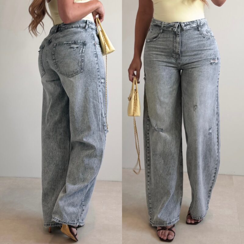 Folded waist wide leg jeans - Grey