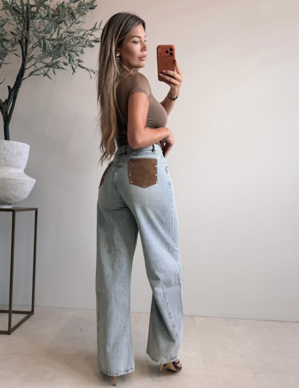 High Waist Faux Leather Pocket Jeans - Vintage Blue