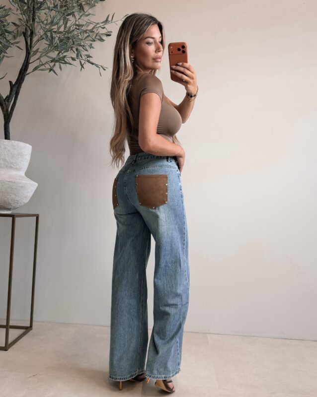 Faux Leather Pocket Jeans - Darkblue