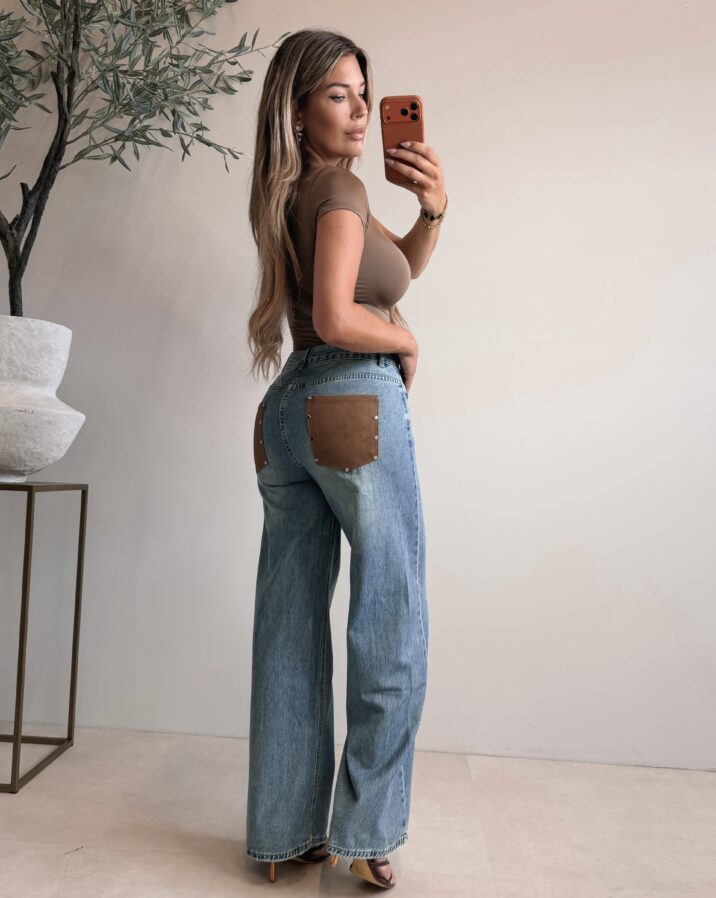 Faux Leather Pocket Jeans - Darkblue
