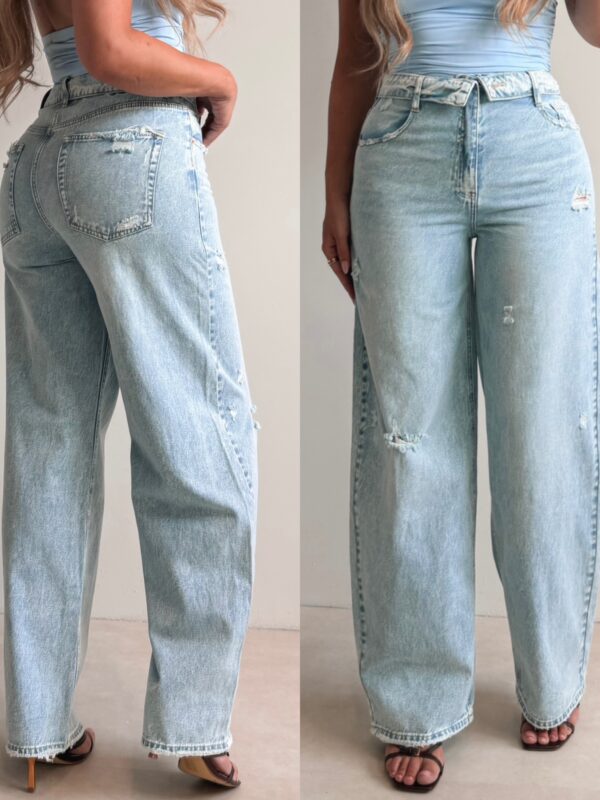 Folded waist wide leg jeans - Light Blue