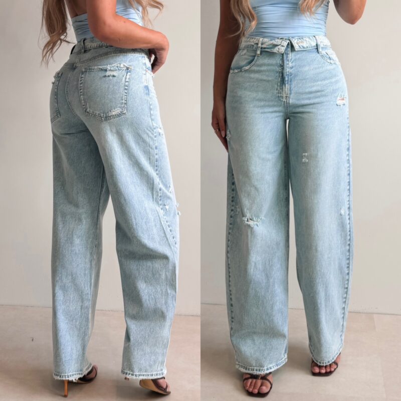 Folded waist wide leg jeans - Light Blue