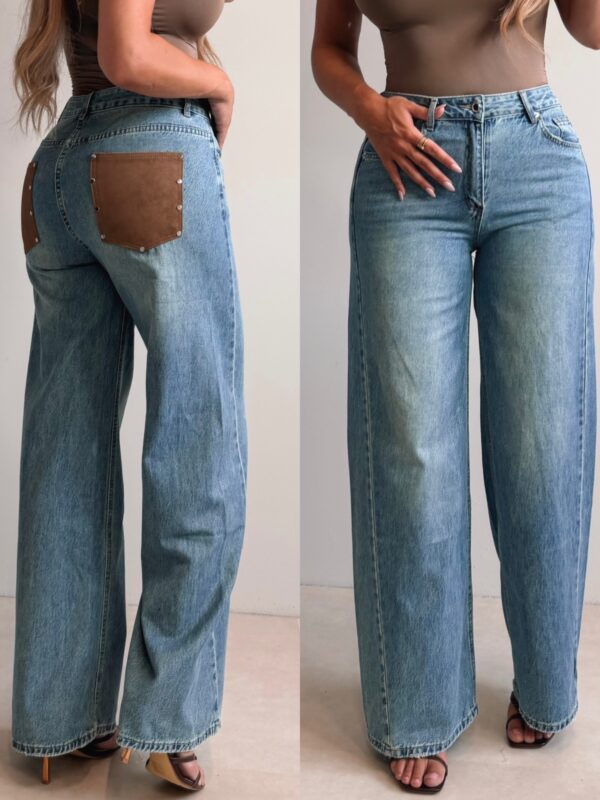 Faux Leather Pocket Jeans - Darkblue