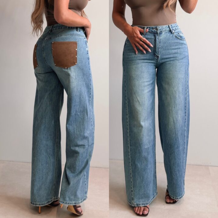 Faux Leather Pocket Jeans - Darkblue