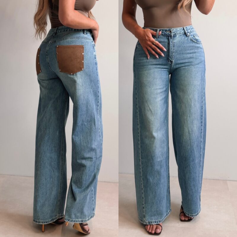 Faux Leather Pocket Jeans - Darkblue