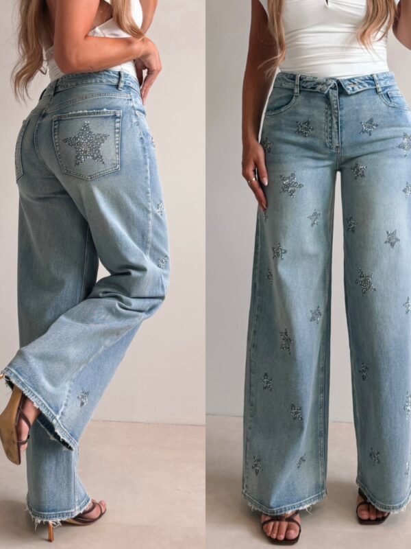 Folded Jeans With Diamond Stars - Blue