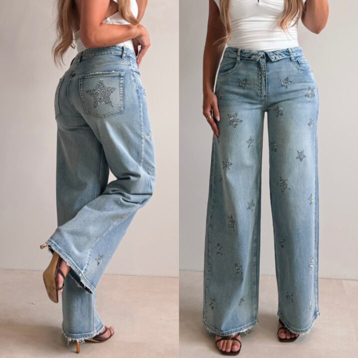 Folded Jeans With Diamond Stars - Blue