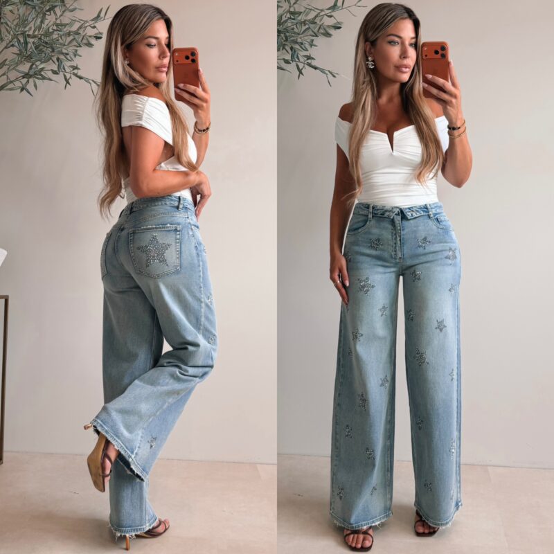 Folded Jeans With Diamond Stars - Blue