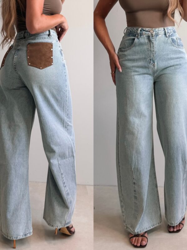High Waist Faux Leather Pocket Jeans - Vintage Blue