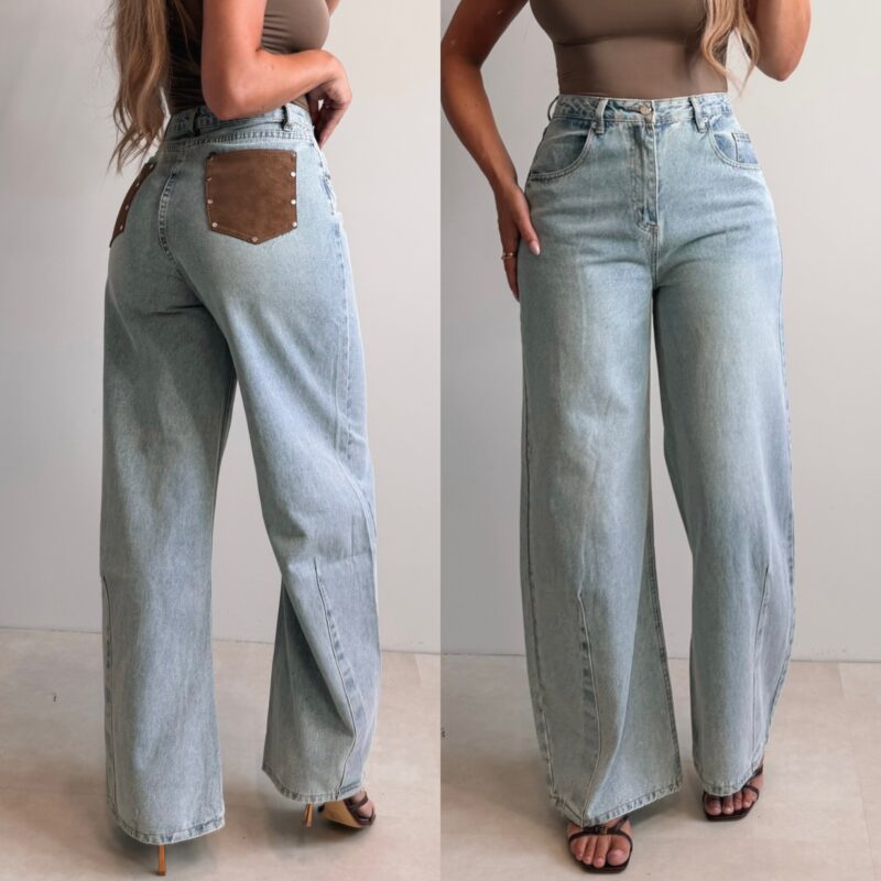 High Waist Faux Leather Pocket Jeans - Vintage Blue