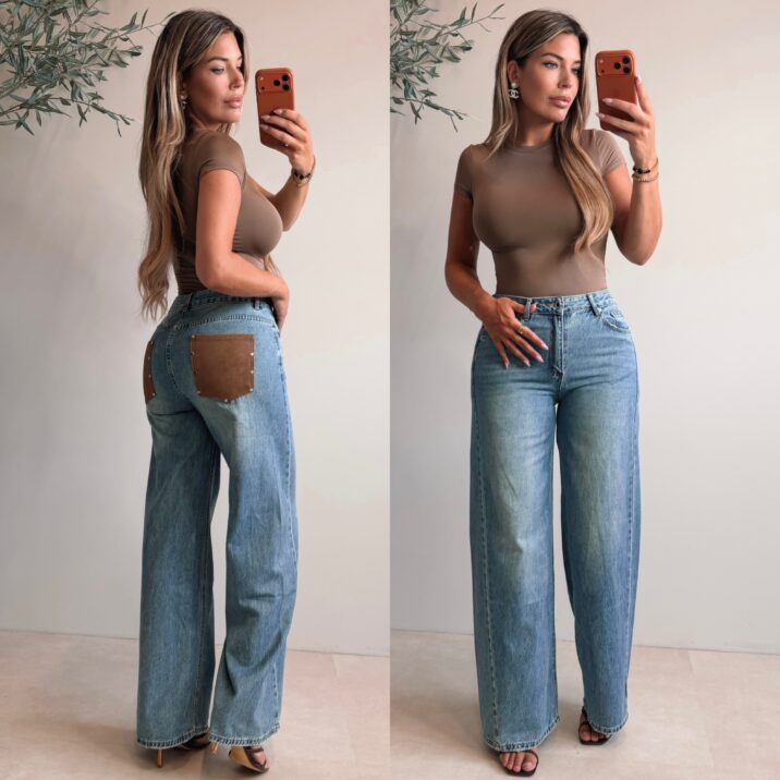 Faux Leather Pocket Jeans - Darkblue