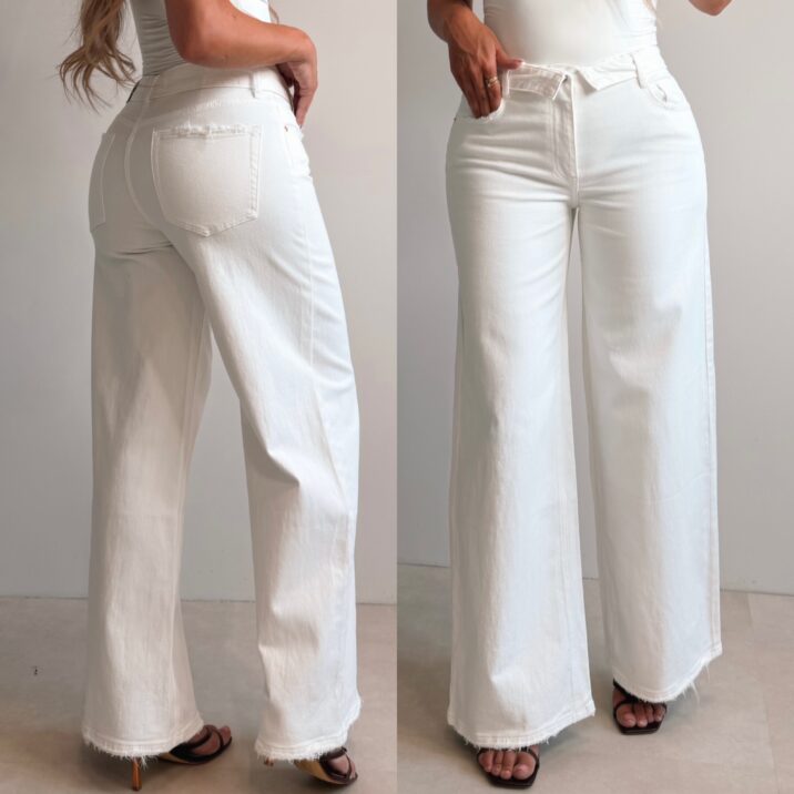 Folded waist wide leg jeans - White