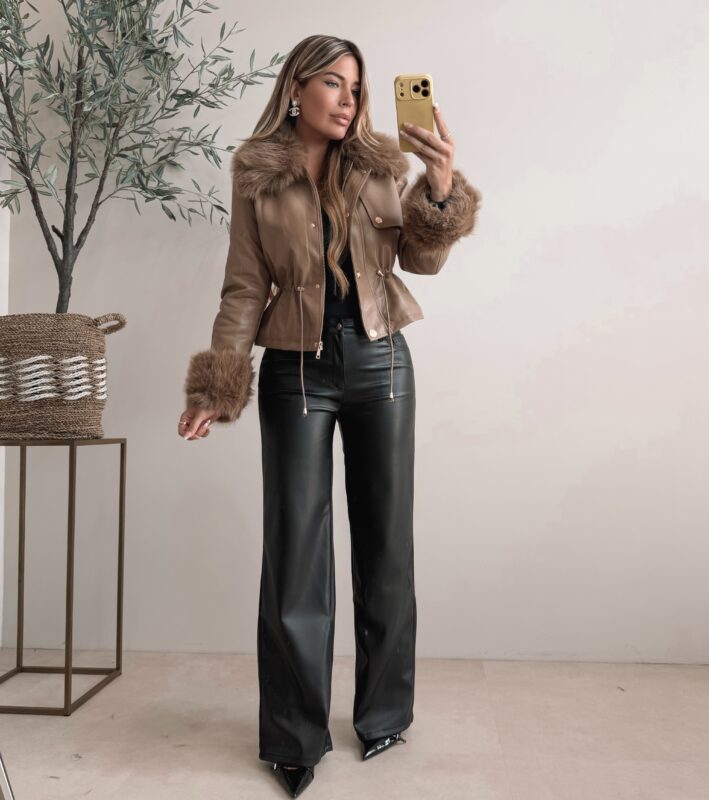 It Girl leather jacket with Faux fur - Taupe