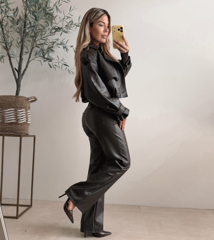 Cropped faux leather bomber jacket - Choco