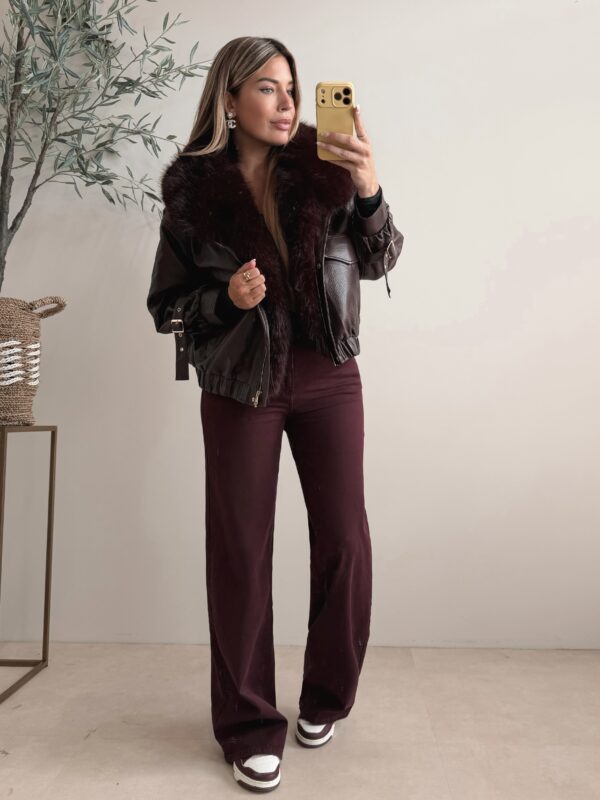 Oversized leather jacket with Faux fur - Wine