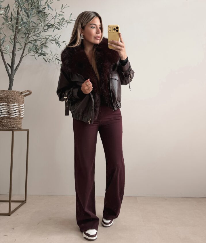 Oversized leather jacket with Faux fur - Wine