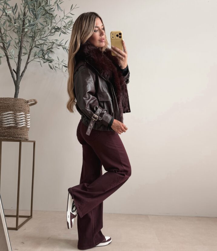 Oversized leather jacket with Faux fur - Wine
