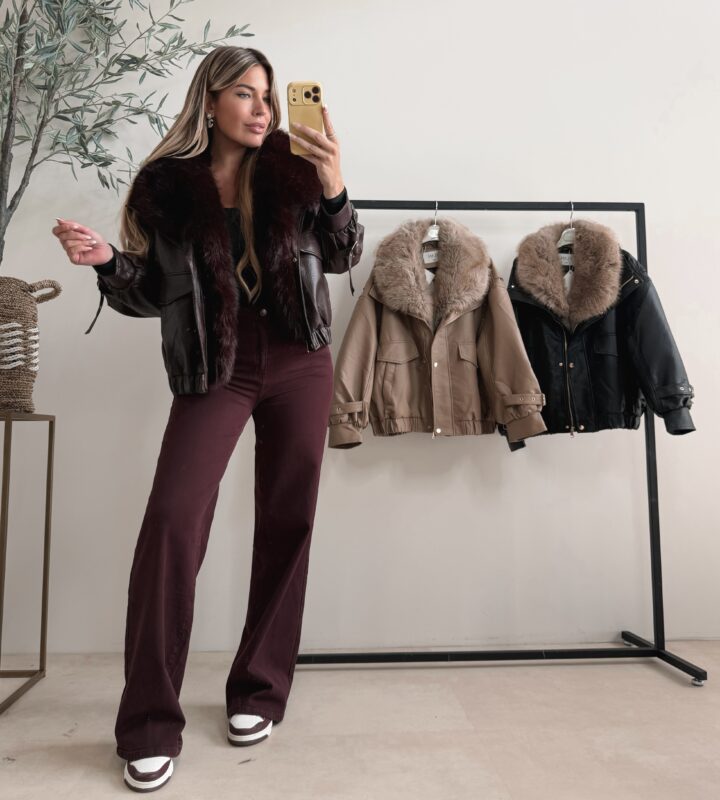 Oversized leather jacket with Faux fur - Wine