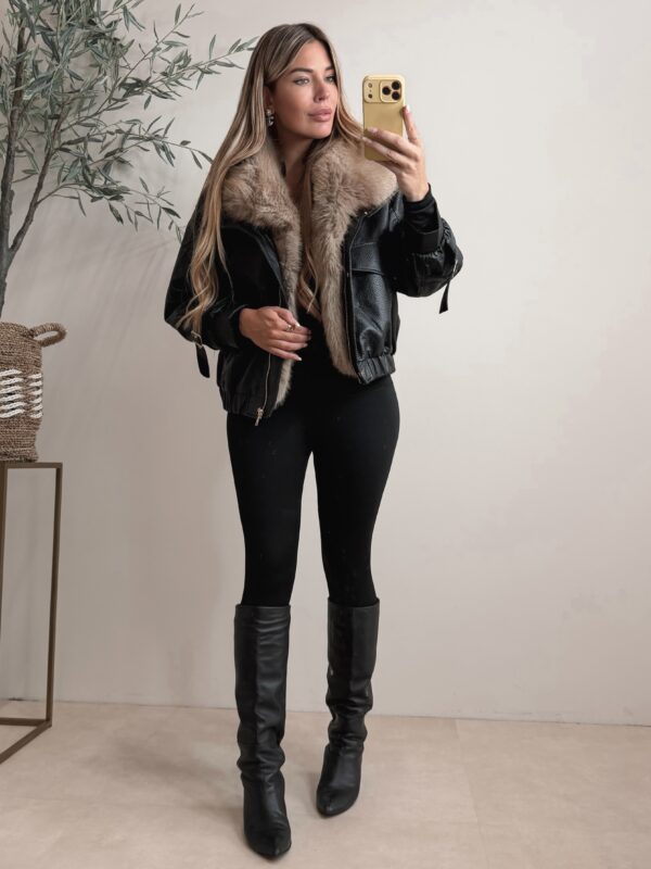 Oversized leather jacket with Faux fur - Black