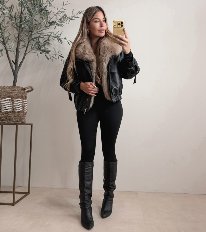 Oversized leather jacket with Faux fur - Black