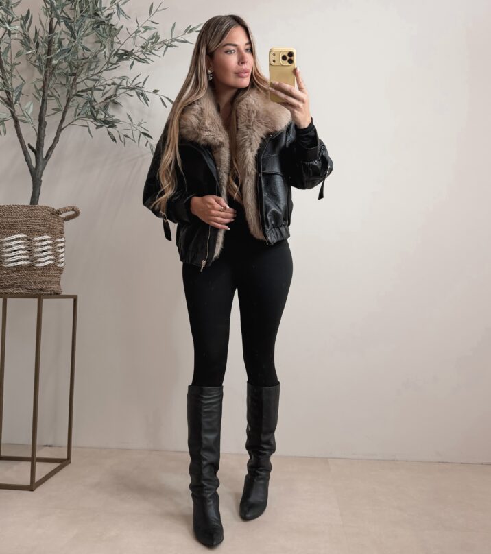 Oversized leather jacket with Faux fur - Black