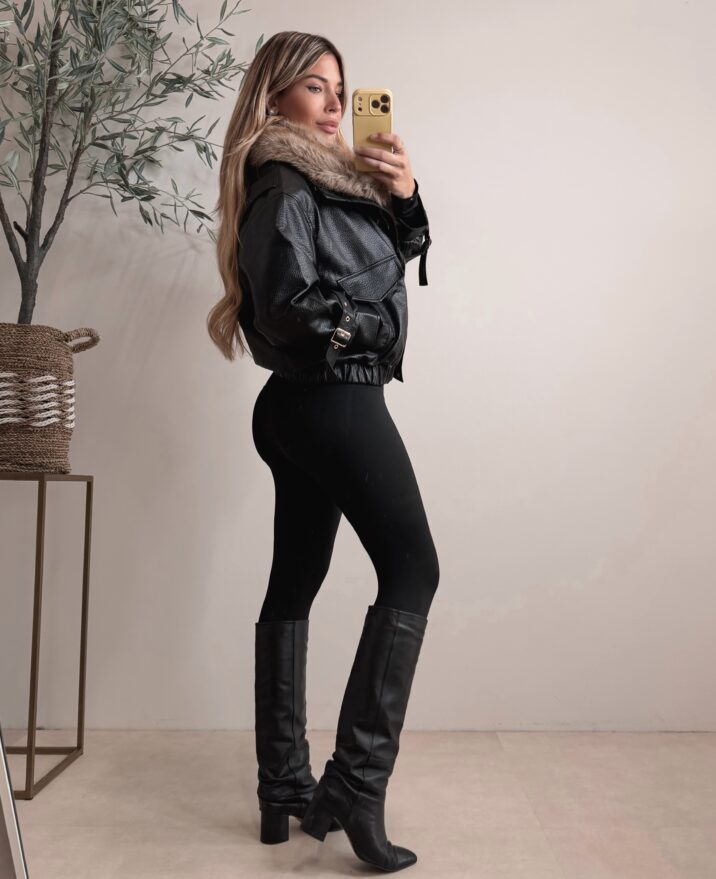 Oversized leather jacket with Faux fur - Black