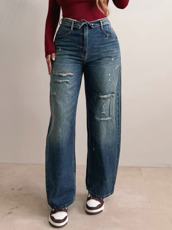 Folded Wide Leg Jeans - DarkBlue